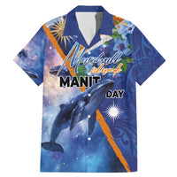 Marshall Islands Manit Day Family Matching Mermaid Dress and Hawaiian Shirt Grunge National Flag with Whales and Tribal Tattoos LT03 Dad's Shirt - Short Sleeve Blue - Polynesian Pride