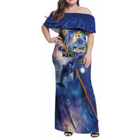 Marshall Islands Manit Day Family Matching Off Shoulder Maxi Dress and Hawaiian Shirt Grunge National Flag with Whales and Tribal Tattoos LT03 Mom's Dress Blue - Polynesian Pride