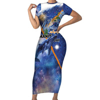 Marshall Islands Manit Day Short Sleeve Bodycon Dress Grunge National Flag with Whales and Tribal Tattoos LT03 Long Dress Blue - Polynesian Pride