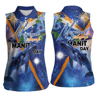 Marshall Islands Manit Day Women Sleeveless Polo Shirt Grunge National Flag with Whales and Tribal Tattoos LT03 - Polynesian Pride