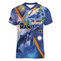 Marshall Islands Manit Day Women V-Neck T-Shirt Grunge National Flag with Whales and Tribal Tattoos LT03 Female Blue - Polynesian Pride