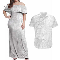 Samoan Culture-Lotu Tamaiti Couples Matching Off Shoulder Maxi Dress and Hawaiian Shirt Siapo and Polynesian Art Tattoos LT03 White - Polynesian Pride