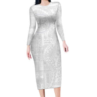 Samoan Culture-Lotu Tamaiti Long Sleeve Bodycon Dress Siapo and Polynesian Art Tattoos LT03 Long Dress White - Polynesian Pride