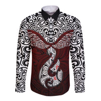 Custom Aotearoa New Zealand Long Sleeve Button Shirt Silver Fern and Matau with Maori Tribal Red Style LT03 Unisex Red - Polynesian Pride