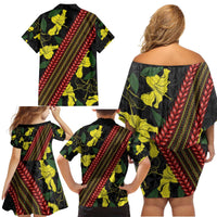 Samoan Culture Family Matching Off Shoulder Short Dress and Hawaiian Shirt Hibiscus and Ula Fala with Tapa Pattern Black Color LT03 - Polynesian Pride