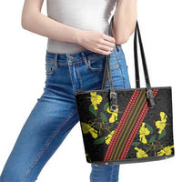 Samoan Culture Leather Tote Bag Hibiscus and Ula Fala with Tapa Pattern Black Color