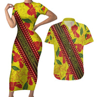 Samoan Culture Couples Matching Short Sleeve Bodycon Dress and Hawaiian Shirt Hibiscus and Ula Fala with Tapa Pattern YellowColor LT03 Yellow - Polynesian Pride
