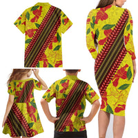 Samoan Culture Family Matching Long Sleeve Bodycon Dress and Hawaiian Shirt Hibiscus and Ula Fala with Tapa Pattern YellowColor LT03 - Polynesian Pride