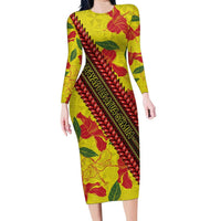 Samoan Culture Family Matching Long Sleeve Bodycon Dress and Hawaiian Shirt Hibiscus and Ula Fala with Tapa Pattern YellowColor LT03 Mom's Dress Yellow - Polynesian Pride