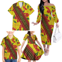 Samoan Culture Family Matching Off The Shoulder Long Sleeve Dress and Hawaiian Shirt Hibiscus and Ula Fala with Tapa Pattern YellowColor LT03 - Polynesian Pride