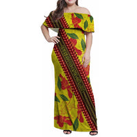 Samoan Culture Family Matching Off Shoulder Maxi Dress and Hawaiian Shirt Hibiscus and Ula Fala with Tapa Pattern YellowColor LT03 Mom's Dress Yellow - Polynesian Pride