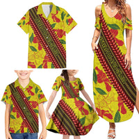 Samoan Culture Family Matching Summer Maxi Dress and Hawaiian Shirt Hibiscus and Ula Fala with Tapa Pattern YellowColor LT03 - Polynesian Pride