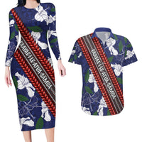 Samoan Culture Couples Matching Long Sleeve Bodycon Dress and Hawaiian Shirt Hibiscus and Ula Fala with Tapa Pattern Blue Color LT03 Blue - Polynesian Pride