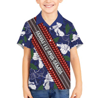Samoan Culture Family Matching Off The Shoulder Long Sleeve Dress and Hawaiian Shirt Hibiscus and Ula Fala with Tapa Pattern Blue Color LT03 Son's Shirt Blue - Polynesian Pride