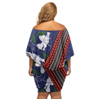 Samoan Culture Family Matching Off Shoulder Short Dress and Hawaiian Shirt Hibiscus and Ula Fala with Tapa Pattern Blue Color LT03 - Polynesian Pride