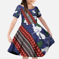 Samoan Culture Family Matching Short Sleeve Bodycon Dress and Hawaiian Shirt Hibiscus and Ula Fala with Tapa Pattern Blue Color LT03 Daughter's Dress Blue - Polynesian Pride
