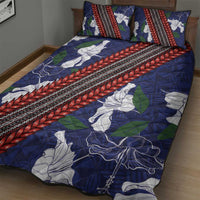 Samoan Culture Quilt Bed Set Hibiscus and Ula Fala with Tapa Pattern Blue Color