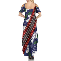 Samoan Culture Summer Maxi Dress Hibiscus and Ula Fala with Tapa Pattern Blue Color