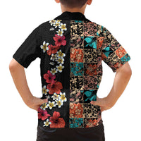 Hawaiian Hibiscus and Tropical Leaves Family Matching Off Shoulder Short Dress and Hawaiian Shirt Patchwork Grunge Abstract Vintage Style LT03 - Polynesian Pride