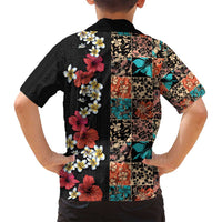 Hawaiian Hibiscus and Tropical Leaves Family Matching Summer Maxi Dress and Hawaiian Shirt Patchwork Grunge Abstract Vintage Style