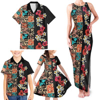 Hawaiian Hibiscus and Tropical Leaves Family Matching Tank Maxi Dress and Hawaiian Shirt Patchwork Grunge Abstract Vintage Style LT03 - Polynesian Pride