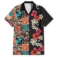 Hawaiian Hibiscus and Tropical Leaves Family Matching Tank Maxi Dress and Hawaiian Shirt Patchwork Grunge Abstract Vintage Style LT03 Dad's Shirt - Short Sleeve Black - Polynesian Pride