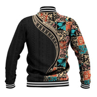 Hawaiian Hibiscus and Tropical Leaves Baseball Jacket Patchwork Grunge Abstract and Tapa Tribal Pattern Half Style