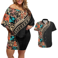 Hawaiian Hibiscus and Tropical Leaves Couples Matching Off Shoulder Short Dress and Hawaiian Shirt Patchwork Grunge Abstract and Tapa Tribal Pattern Half Style