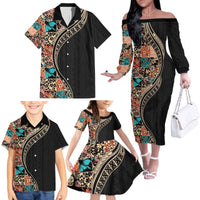 Hawaiian Hibiscus and Tropical Leaves Family Matching Off The Shoulder Long Sleeve Dress and Hawaiian Shirt Patchwork Grunge Abstract and Tapa Tribal Pattern Half Style LT03 - Polynesian Pride
