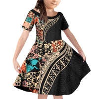 Hawaiian Hibiscus and Tropical Leaves Family Matching Off Shoulder Short Dress and Hawaiian Shirt Patchwork Grunge Abstract and Tapa Tribal Pattern Half Style LT03 Daughter's Dress Black - Polynesian Pride