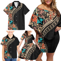 Hawaiian Hibiscus and Tropical Leaves Family Matching Off Shoulder Short Dress and Hawaiian Shirt Patchwork Grunge Abstract and Tapa Tribal Pattern Half Style LT03 - Polynesian Pride