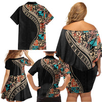 Hawaiian Hibiscus and Tropical Leaves Family Matching Off Shoulder Short Dress and Hawaiian Shirt Patchwork Grunge Abstract and Tapa Tribal Pattern Half Style LT03 - Polynesian Pride