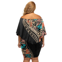 Hawaiian Hibiscus and Tropical Leaves Family Matching Off Shoulder Short Dress and Hawaiian Shirt Patchwork Grunge Abstract and Tapa Tribal Pattern Half Style LT03 - Polynesian Pride