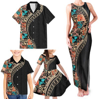 Hawaiian Hibiscus and Tropical Leaves Family Matching Tank Maxi Dress and Hawaiian Shirt Patchwork Grunge Abstract and Tapa Tribal Pattern Half Style LT03 - Polynesian Pride