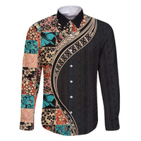 Hawaiian Hibiscus and Tropical Leaves Family Matching Tank Maxi Dress and Hawaiian Shirt Patchwork Grunge Abstract and Tapa Tribal Pattern Half Style LT03 Dad's Shirt - Long Sleeve Black - Polynesian Pride