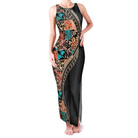 Hawaiian Hibiscus and Tropical Leaves Family Matching Tank Maxi Dress and Hawaiian Shirt Patchwork Grunge Abstract and Tapa Tribal Pattern Half Style LT03 Mom's Dress Black - Polynesian Pride
