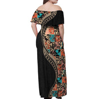 Hawaiian Hibiscus and Tropical Leaves Off Shoulder Maxi Dress Patchwork Grunge Abstract and Tapa Tribal Pattern Half Style