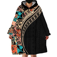 Hawaiian Hibiscus and Tropical Leaves Wearable Blanket Hoodie Patchwork Grunge Abstract and Tapa Tribal Pattern Half Style