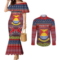 Personalised Kiribati Christmas Couples Matching Mermaid Dress and Long Sleeve Button Shirts Coat of Arms and Map Beautiful Merry Xmas Snowflake LT03 Red - Polynesian Pride