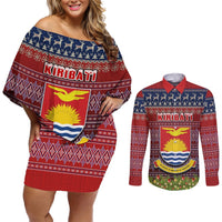 Personalised Kiribati Christmas Couples Matching Off Shoulder Short Dress and Long Sleeve Button Shirts Coat of Arms and Map Beautiful Merry Xmas Snowflake LT03 Red - Polynesian Pride