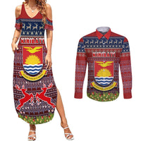 Personalised Kiribati Christmas Couples Matching Summer Maxi Dress and Long Sleeve Button Shirts Coat of Arms and Map Beautiful Merry Xmas Snowflake LT03 Red - Polynesian Pride