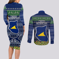 Tokelau Christmas Couples Matching Long Sleeve Bodycon Dress and Long Sleeve Button Shirts Coat of Arms and Map Beautiful Merry Xmas Snowflake LT03 - Polynesian Pride