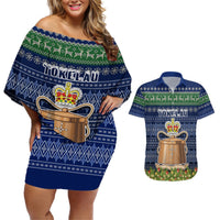 Tokelau Christmas Couples Matching Off Shoulder Short Dress and Hawaiian Shirt Coat of Arms and Map Beautiful Merry Xmas Snowflake LT03 Blue - Polynesian Pride