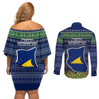 Tokelau Christmas Couples Matching Off Shoulder Short Dress and Long Sleeve Button Shirts Coat of Arms and Map Beautiful Merry Xmas Snowflake LT03 - Polynesian Pride