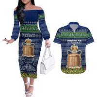 Tokelau Christmas Couples Matching Off The Shoulder Long Sleeve Dress and Hawaiian Shirt Coat of Arms and Map Beautiful Merry Xmas Snowflake LT03 Blue - Polynesian Pride