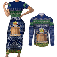 Tokelau Christmas Couples Matching Short Sleeve Bodycon Dress and Long Sleeve Button Shirts Coat of Arms and Map Beautiful Merry Xmas Snowflake LT03 Blue - Polynesian Pride