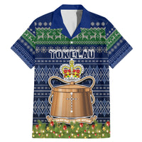 Tokelau Christmas Family Matching Mermaid Dress and Hawaiian Shirt Coat of Arms and Map Beautiful Merry Xmas Snowflake LT03 Dad's Shirt - Short Sleeve Blue - Polynesian Pride