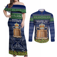 Personalised Tokelau Christmas Couples Matching Off Shoulder Maxi Dress and Long Sleeve Button Shirts Coat of Arms and Map Beautiful Merry Xmas Snowflake LT03 Blue - Polynesian Pride