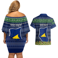 Personalised Tokelau Christmas Couples Matching Off Shoulder Short Dress and Hawaiian Shirt Coat of Arms and Map Beautiful Merry Xmas Snowflake LT03 - Polynesian Pride