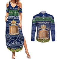 Personalised Tokelau Christmas Couples Matching Summer Maxi Dress and Long Sleeve Button Shirts Coat of Arms and Map Beautiful Merry Xmas Snowflake LT03 Blue - Polynesian Pride